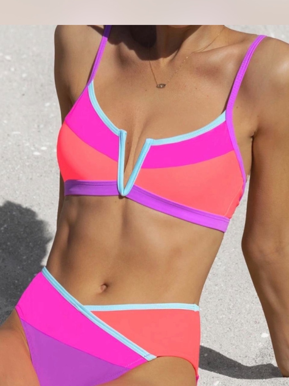 Colorblock V-Notch Bikini Set in Neon Pink, Coral & Lavender - Picture 3 of 7